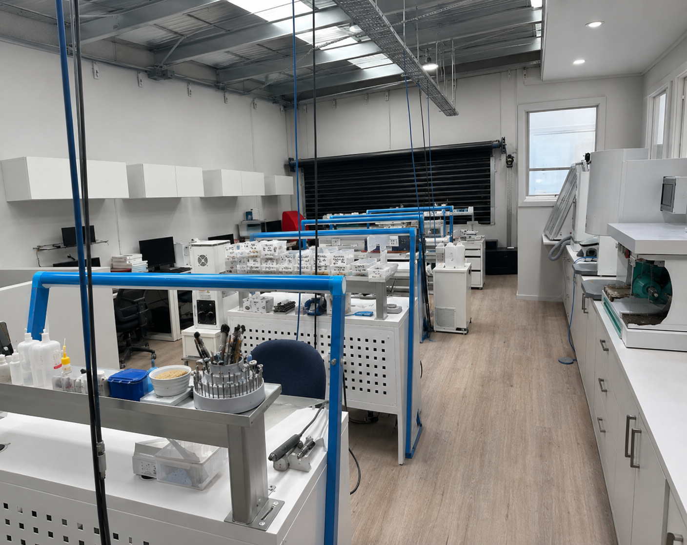 Dental laboratory workshop with benches, tools and milling equipment